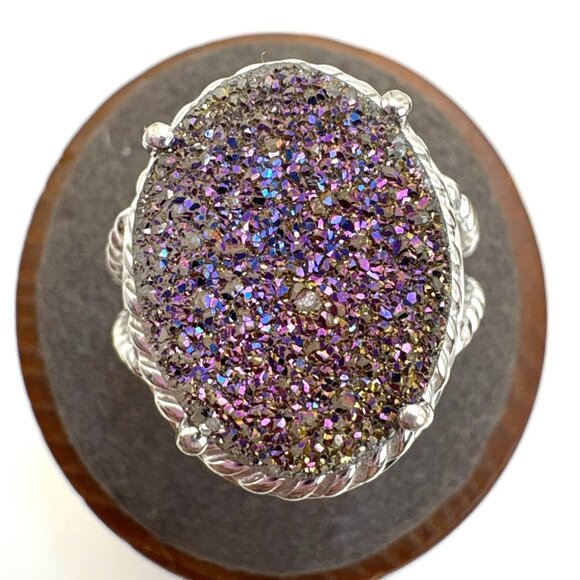 VTG Sterling Silver 925 Purple Gray Drusy Oval Rope Design Statement Ring Size 7 - Picture 1 of 12